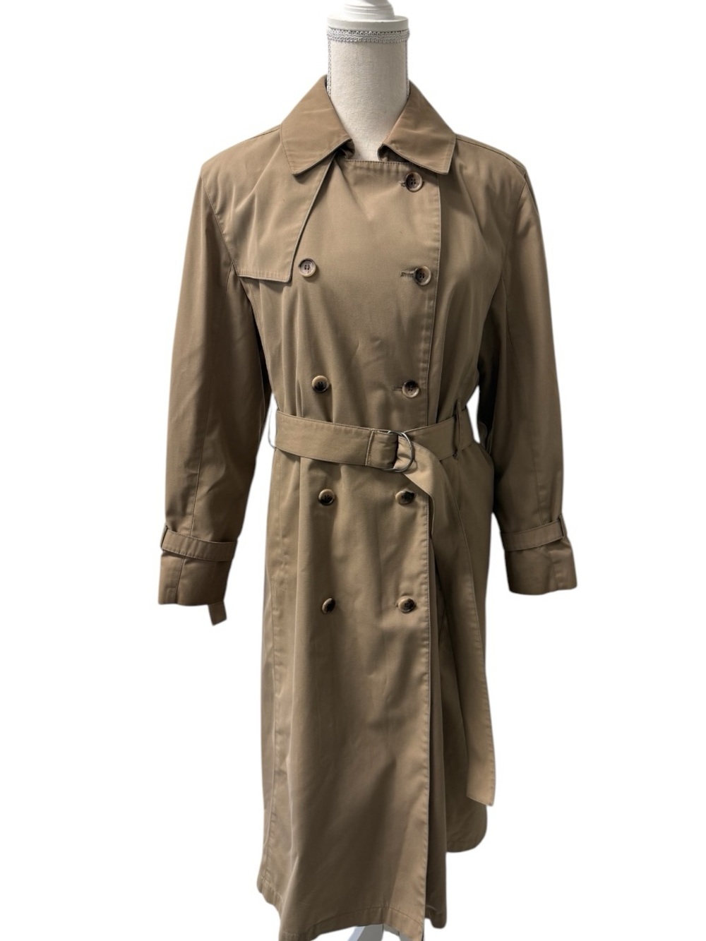 Vintage London Fog Taupe Trench Coat Belted Minimalist Long Coat USA Petites 6